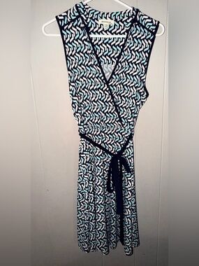 Monteau Geometric Wrap Midi Dress in Navy, White & Aqua
